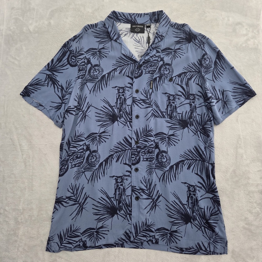 Harley-Davidson Hawaiian Shirt Mens L Blue Floral Rayon Button-Up 96579-22VM